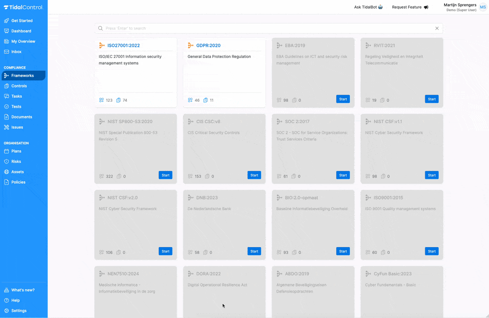 Frameworks page showing the new frameworks