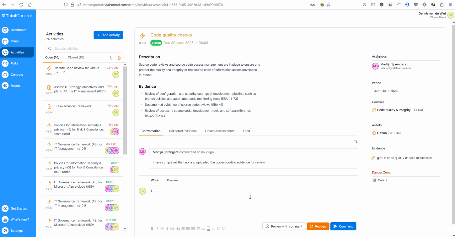 Review activities interface