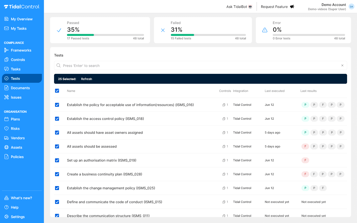 Bulk test selection and refresh