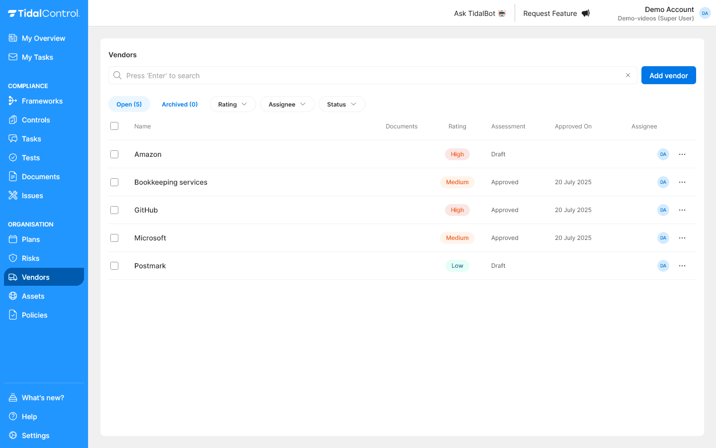 Tidal's vendor management